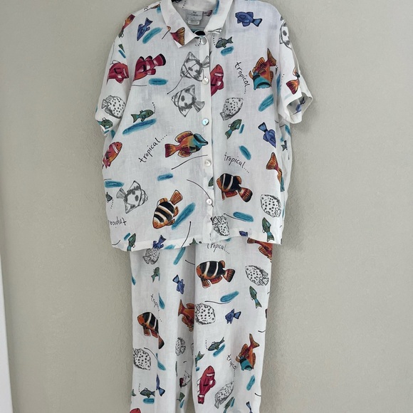 Hot Cotton Marc Ware XL Linen 2 Piece Pajama Sleep Set Short Sleeve Button USA - Picture 2 of 11